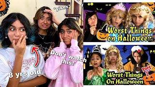 Reacting to WORST things on Halloween videos  GEM Sisters [upl. by Carlita]