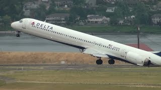 Delta Air Lines N958DN MD90 Takeoff Portland Airport PDX [upl. by Lidah]