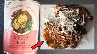 MampS Tinned MINCED BEEF  £4  Cheesy Meaty Jacket Potato Action  Canned Food Review [upl. by Arreit561]