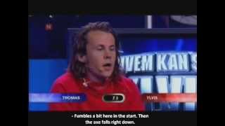 Wood Cleaving Eng subtitles  Hvem kan slå Ylvis [upl. by Suirada]