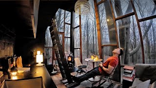 Relaxing ALONE in a Belgian Treehouse in RAIN  Solo glam camping ASMR [upl. by Rehposirhc19]