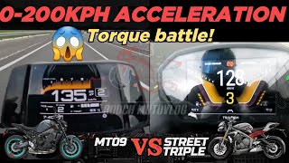 Yamaha MT09 🆚️ Triumph Street Triple RS  0200kph Acceleration  Top Speed Attempt 🔥 [upl. by Naivat]