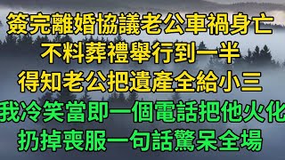 簽完離婚協議老公車禍身亡，不料葬禮舉行到一半，得知老公違約把遺產全給小三，我冷笑當即一個電話把他火化，扔掉喪服一句話驚呆全場 中老年生活情感故事八枝玫瑰 [upl. by Hsoj361]