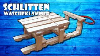 Schlitten aus Holz Wäscheklammer selber machen  sledge with clothespin DIY Winter craft 4K [upl. by Ivonne329]