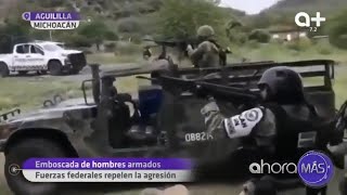 Registran enfrentamiento entre civiles y elementos de la Guardia Nacional en Aguililla [upl. by Kleon]