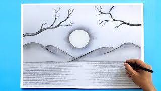 How to Draw a simple Landscape  Easy Pencil Drawing [upl. by Fidel]