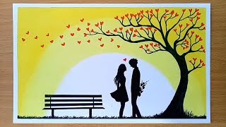 How to draw Romantic couple under love tree  Valentines day drawing [upl. by Eyr]