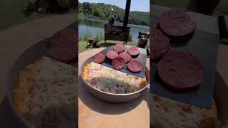 Pizza in Wood Stove oven in Nature cooking cookingoutdoors outdoorcooking [upl. by Ayom]