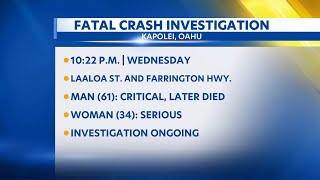 Fatal crash in Kapolei leaves one dead another injured [upl. by Ellennahs724]