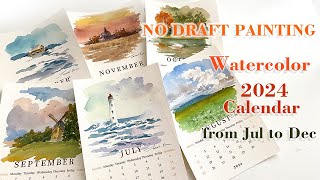 NO DRAFT PAINTING 2024 Watercolor Calendar Painting from Jul to Decsummer to winter landscape [upl. by Eniortna703]