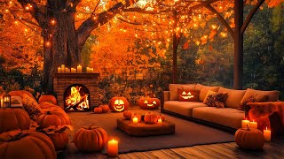 StressFree Autumn Porch Vibes with Soothing Jazz 🍁Cozy Halloween Ambience and Warm Fireplace Sounds [upl. by Shae]