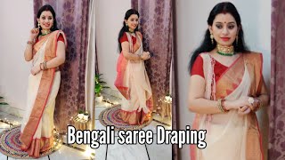 How to wear Bengali style saree step by step  chanderi cotton saree wear Traditional Bengali Saree [upl. by Ihtac]