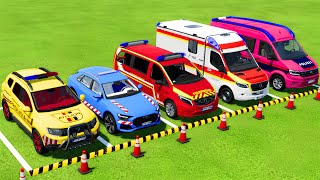 DACIA AUDI VOLKSWAGEN POLICE CARS amp MERCEDES AMBULANCE EMERGENCY VEHICLES TRANSPORTING  FS22 [upl. by Attenyw]