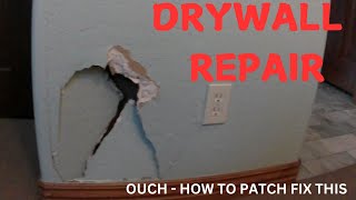 Patching large drywall hole in wall Easy step by step drywall repair patching process with TEXTURE [upl. by Ashby977]