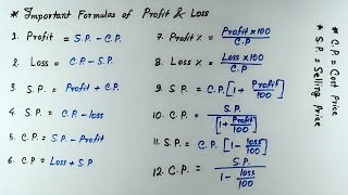 PROFIT amp LOSS  Profit and Loss important formulas [upl. by Amick]