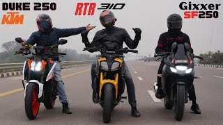 Apache RTR 310 vs KTM Duke 250 vs Suzuki Gixxer SF 250 Drag Race [upl. by Enihpesoj]