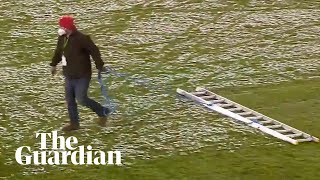 Ingenious Ladder trick by Austrian groundsman clears pitch of snow [upl. by Eelatan]