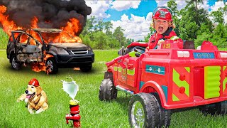 Braxton ans Ryder Play Fireman on POWER WHEELS Fire Trucks and Police Cars Video for Kids [upl. by Bork]