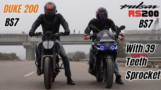 Bajaj Pulsar RS200 BS7 with 39 Teeth Sprocket vs Duke 200 BS7 Drag Race [upl. by Aenert]