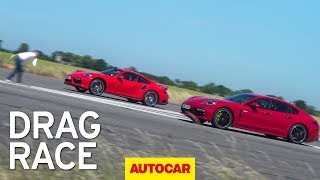 Drag Race Porsche Panamera Turbo S vs Porsche 911 Turbo S  Autocar [upl. by Aihsatan]