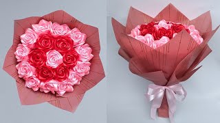 DIY  How to Make a Bouquet of Roses from Satin Ribbons Easy  Wrapping a Round Flower Bouquet [upl. by Hafler]