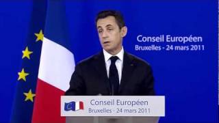 Sarkozy «18 avions arabes engagés dans la Coalition» 24 mars 2011 Conseil Européen [upl. by Grew470]