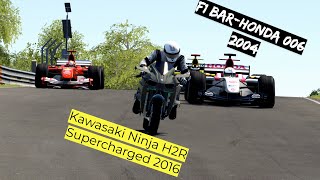 POV F1 2004 BARHonda 006 V10 vs Kawasaki Ninja H2R Supercharged at Nordschleife [upl. by Lemahs]