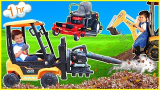 Landscaping compilation with kids ride on tractor lawn mower forklift excavator and tow truck [upl. by Katherina]