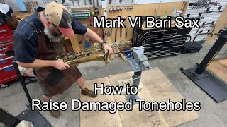 Mark VI Bari Sax Bell Repair How to raise damaged Toneholes band instrument repair Wes Lee Music [upl. by Nivlak309]