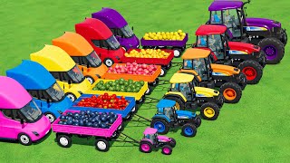 TRANSPORTING New HOLLAND Mini to BIG TRACTORS amp FRUITs with FLATBED TRAILER amp GARAGE LOADERS FS22 [upl. by Carpet]