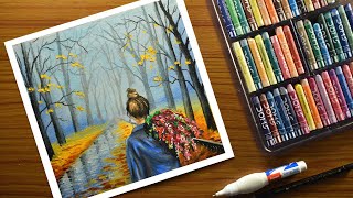 Beautiful Autumn Scenery Drawing for Beginners with Oil Pastels  Step by Step [upl. by Gracye]