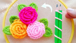 Superb Woolen Rose Making Idea with Pencil  Hand Embroidery Amazing Trick  DIY Woolen Flowers [upl. by Ianaj]