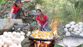 Yummy Egg grilled on the rock for lunch Fish and egg burned underground for dinner Top 5 video [upl. by Atsiuqal]