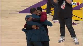 Tristan Thompson and LeBron James hug at halftime of CavsLakers [upl. by Dupuis261]