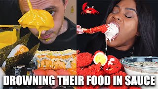 MUKBANGERS DROWNING THEIR FOOD IN SAUCE compilation [upl. by Alohs]