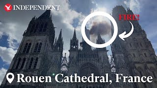 Smoke billows from cathedral in French city of Rouen after spire catches fire [upl. by Fredela935]