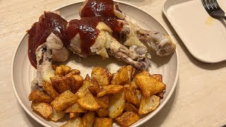 Famous Daves honey hickory bbq on chicken and having fried potatoes [upl. by Medora]