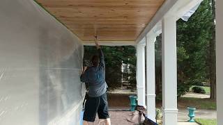 Spraying pine porch ceiling using Harbor Freight Airless Paint Sprayer [upl. by Machos832]