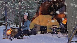 Camping in a Snowstorm forest Alone in a Hot Tent [upl. by Porush226]