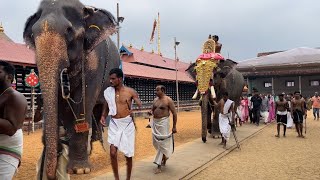 പൂർണ്ണത്രയിശന്റെ ഉച്ച ശിവേലി എടുത്ത് നാണു എഴുത്തച്ഛൻ ശങ്കരനാരായണൻ 🙏 poornathrayeesa temple [upl. by Yltnerb]