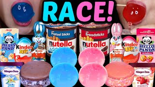 ASMR BLUE VS PINK DESSERT RACE NUTELLA CUPS BIG BOBA JELLY BALLS KINDER JOY EGG ICE CREAM CUP 먹방 [upl. by Bela]