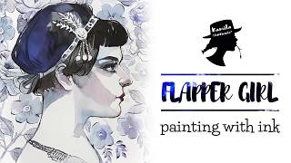 How to paint with ink  ink illustration tutorial Flapper Girl [upl. by Eronaele]