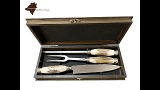 Carving Knife Fork And Sharpener Set With Deer Antler Handles In Wooden Box 3 [upl. by Yrro]