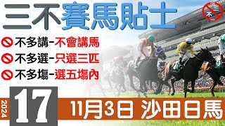 賽馬貼士 24年11月3日沙田日馬 赛马贴士三不賽馬貼士香港賽馬貼士免費賽馬貼士賽馬 [upl. by Sella]