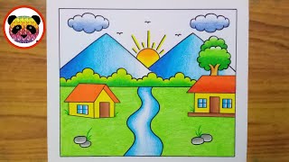 Scenery Drawing  How to Draw Beautiful Landscape Scenery Drawing  Village Scenery Drawing Chitra [upl. by Knitter]