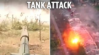 Ukrainian tank finds Russian hideout and blows warehouse to bits with close range blast [upl. by Pedersen]