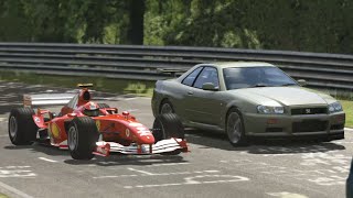 Ferrari F2004 Formula 1 vs Nissan Skyline GTR VSpec R34 at Nurburgring Nordschleife Track Day [upl. by Brit]