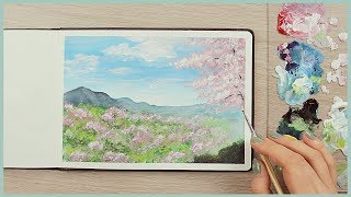 How to Paint a Cherry Blossom Scenery with Acrylics for Beginners  Art Journal Thursday Ep 37 [upl. by Nylirret]