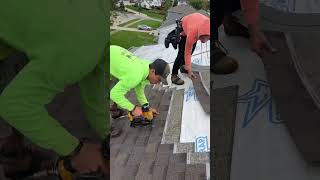 Roofing crew installing Teak Owens Corning shingles roofing owenscorning [upl. by Adrienne]