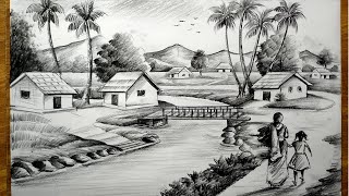 how to draw easy pencil sketch scenerylandscape pahar and river side scenery drawingpencil drawing [upl. by Ttenaj]